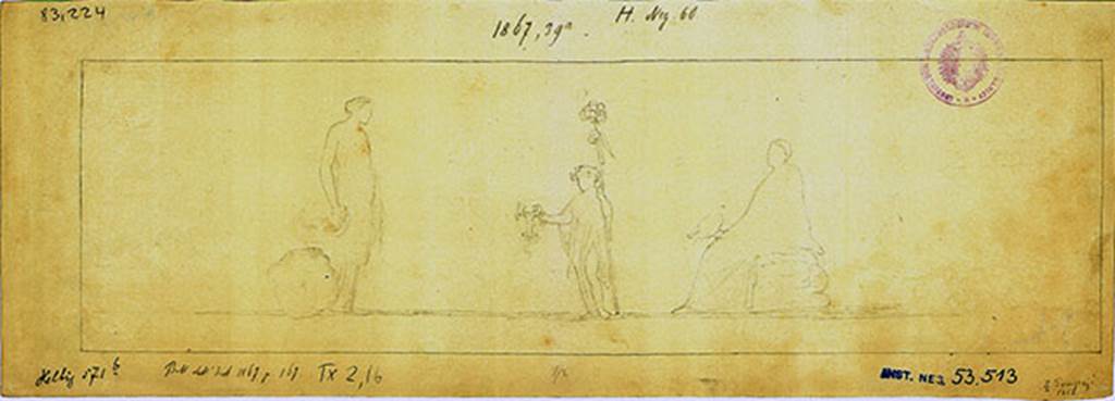 IX.2.16 Pompeii. 1867 drawing of wall painting of Bacchus between nymphs, from the east wall.
DAIR 83.224. Photo © Deutsches Archäologisches Institut, Abteilung Rom, Arkiv.
See also http://arachne.uni-koeln.de/item/reproduktion/3314991
See Tatiana Warscher, W.355 http://arachne.uni-koeln.de/item/marbilderbestand/231939
See Helbig, W., 1868. Wandgemälde der vom Vesuv verschütteten Städte Campaniens. Leipzig: Breitkopf und Härtel. (571b).
See Schefold, K., 1957. Die Wände Pompejis. Berlin: De Gruyter. (p.242 – Bacchus, Ephebe and nymph, but he says from west wall.)
According to Bragantini, the east wall of the cubiculum had a dado which was discoloured and faded.
The middle zone was red with an aedicula containing the painting of Theseus abandoning Ariadne.
In the side panels, on the purple frieze, were two paintings, on the left “Childhood of Dionysus”, on the right “Dionysus and the nymph”
See Bragantini, de Vos, Badoni, 1986. Pitture e Pavimenti di Pompei, Parte 3. Rome: ICCD. (p.413-4, cubicolo ‘b’)