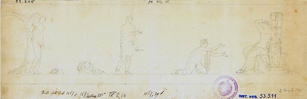 IX.2.16 Pompeii. 1867 drawing of wall painting of Apollo and the punishment of Marsyas, from the south wall.
DAIR 83.225. With kind permission of DAI Rome, whose copyright it remains.
See http://arachne.uni-koeln.de/item/marbilder/5343125