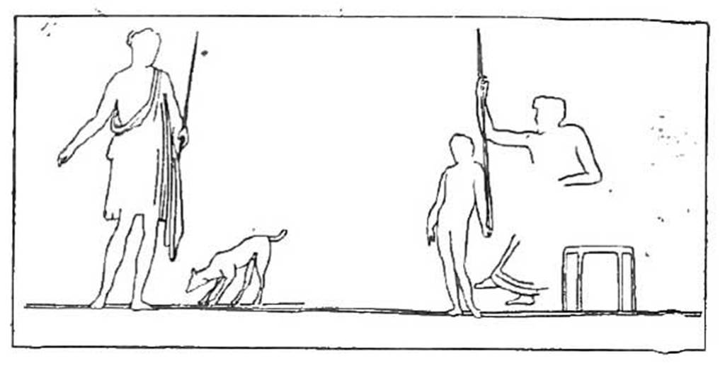 IX.2.16 Pompeii. Drawing of wall painting, showing possibly Paris and the Hunters, from the west wall.
See Helbig, W., 1868. Wandgemälde der vom Vesuv verschütteten Städte Campaniens. Leipzig: Breitkopf und Härtel. (1401b, item 4)
Schefold describes a king, a youth with Phrygian cap, possibly Paris or Absyrtus, and a hunter.
See Schefold, K., 1957. Die Wände Pompejis. Berlin: De Gruyter. (p. 242).
See Reinach S., 1922. Répertoire de peintures grecques et romaines. Paris Leroux. Taf. 217,5.