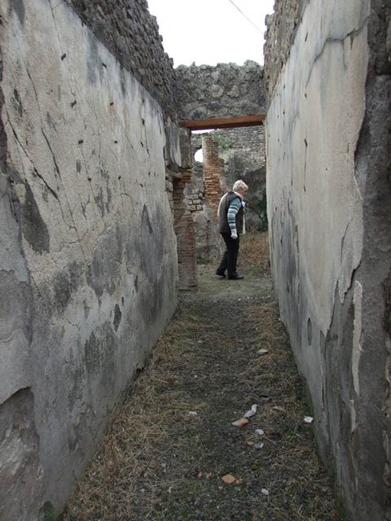 IX.2.16 Pompeii. December 2007. Corridor from atrium leading west to garden area, which was also accessible from the west end of the tablinum. The wall zoccolo was without colour, the middle zone of the wall was a simple white plaster. At the end of the corridor, on the left, is a doorway to the room on the south side, described by Boyce as a triclinium with the remains of a lararium. On the left, just past the doorway, in the south-east corner of the peristyle, is the small storeroom next to the staircase which, according to Schefold (as quoted in PPM) was the location of the lararium.