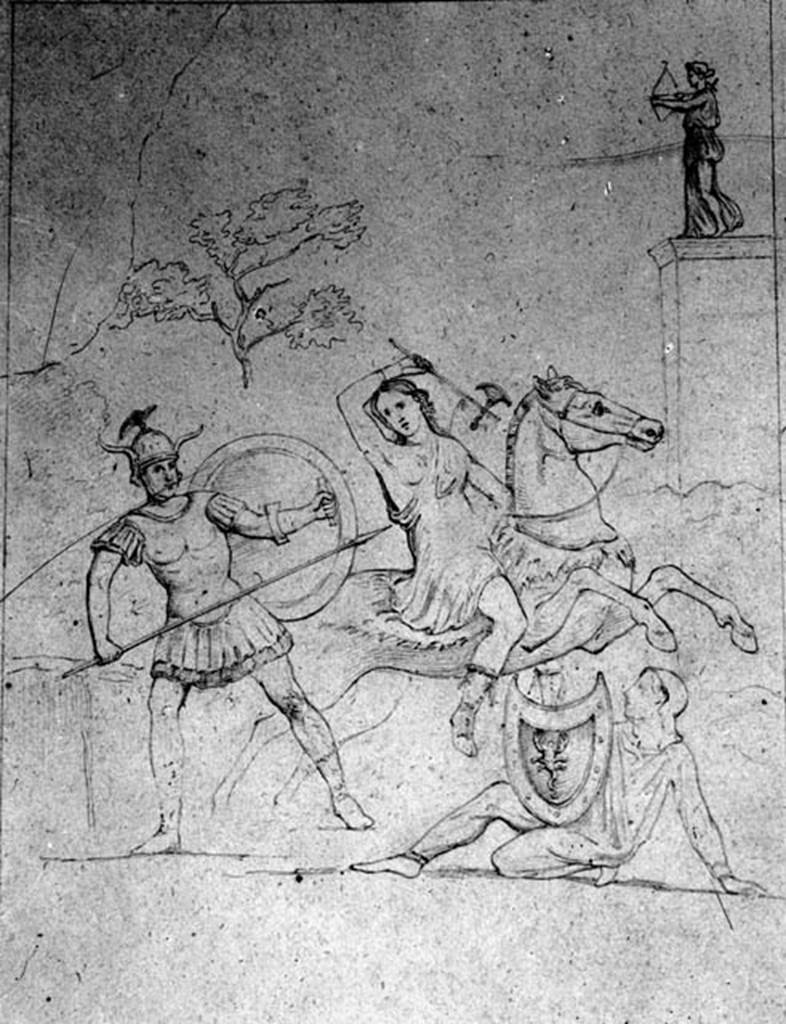 IX.2.16 Pompeii. W.357. Bellerophon and Amazons, from the north wall of the triclinium.
Photo by Tatiana Warscher. Photo © Deutsches Archäologisches Institut, Abteilung Rom, Arkiv.