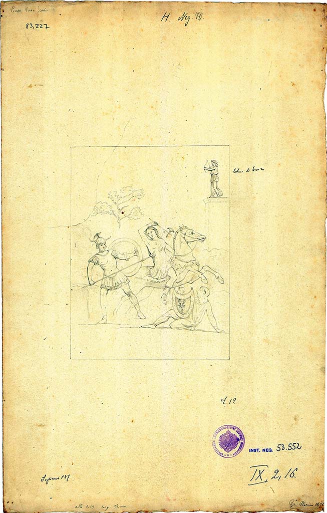 IX.2.16 Pompeii. 1871 drawing by G. Mariani of painting of Bellerophon and Amazons.
From the north wall of the triclinium.
DAIR 83.227. Photo © Deutsches Archäologisches Institut, Abteilung Rom, Arkiv.
See also http://arachne.uni-koeln.de/item/marbilder/5343127