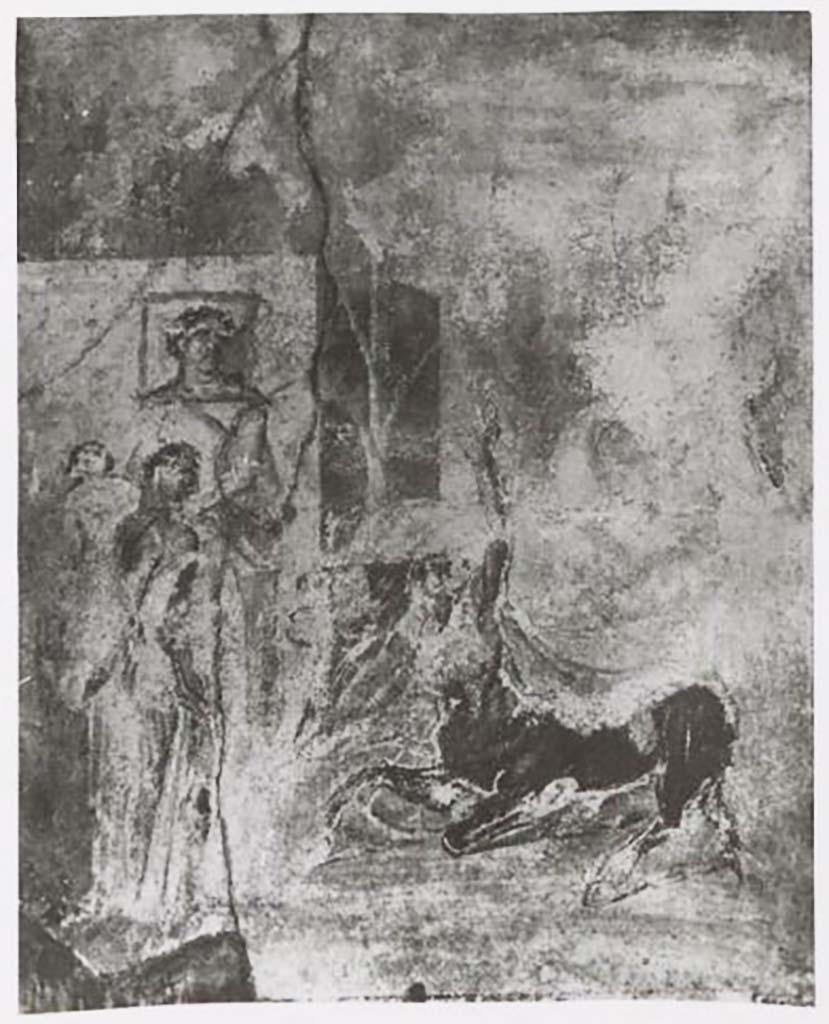 IX.2.16 Pompeii. Pre-1943. Detail from painting of Hercules and Nessus from west wall of exedra/triclinium.
Photo by Tatiana Warscher.
See Warscher, T. Codex Topographicus Pompeianus, IX.2. (1943), Swedish Institute, Rome. (no.54.), p. 123.