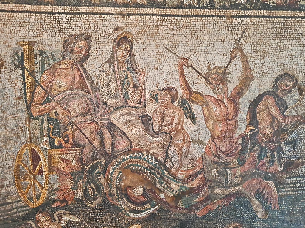 IX.2.27 Pompeii. Detail of mosaic of Neptune and Amphitrite in a chariot, this was found in a triclinium on east side of peristyle.
Now in Naples Archaeological Museum, inventory number 10007.
Photo courtesy of Giuseppe Ciaramella. September 2024.