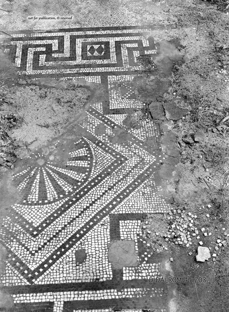 IX.2.27 Pompeii. c.1930. Mosaic from large room (triclinium) left of atrium.
DAIR 41.703. Photo © Deutsches Archäologisches Institut, Abteilung Rom, Arkiv.
See Pernice, E. 1938. Pavimente und Figürliche Mosaiken: Die Hellenistische Kunst in Pompeji, Band VI. Berlin: de Gruyter, (tav. 34,4, above.)