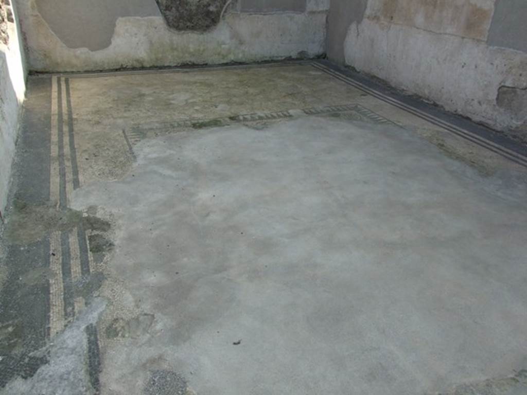 IX.3.5 Pompeii. March 2009. Room 25, exedra, remains of black and white mosaic floor, bordered by black and white mosaic lines. In the centre would have been a black and white chessboard patterned “carpet” design, bordered by “denti di lupo” (wolf’s teeth).
See Bragantini, de Vos, Badoni, 1986. Pitture e Pavimenti di Pompei, Parte 3. Rome: ICCD. (p.443, esedra ‘e’).