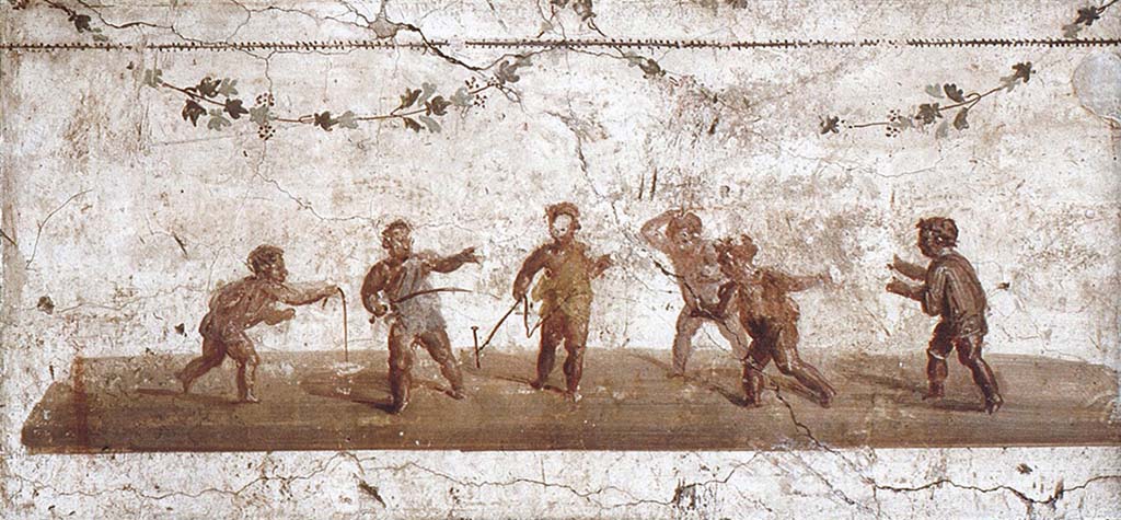 IX.3.5 Pompeii. Painting of children playing, seen in the frieze of exedra, room 25.
See Helbig, W., 1868. Wandgemälde der vom Vesuv verschütteten Städte Campaniens. Leipzig: Breitkopf und Härtel, (1477).
Now in Naples Archaeological Museum. Inventory number 9103.
