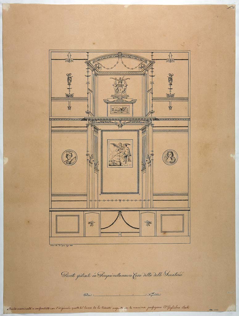 IX.3.5 Pompeii. Room 5, drawing by Antonio Ala, 1851, showing the decoration of the north wall of the cubiculum.
Now in Naples Archaeological Museum. Inventory number ADS 1037.
Photo © ICCD. http://www.catalogo.beniculturali.it
Utilizzabili alle condizioni della licenza Attribuzione - Non commerciale - Condividi allo stesso modo 2.5 Italia (CC BY-NC-SA 2.5 IT)