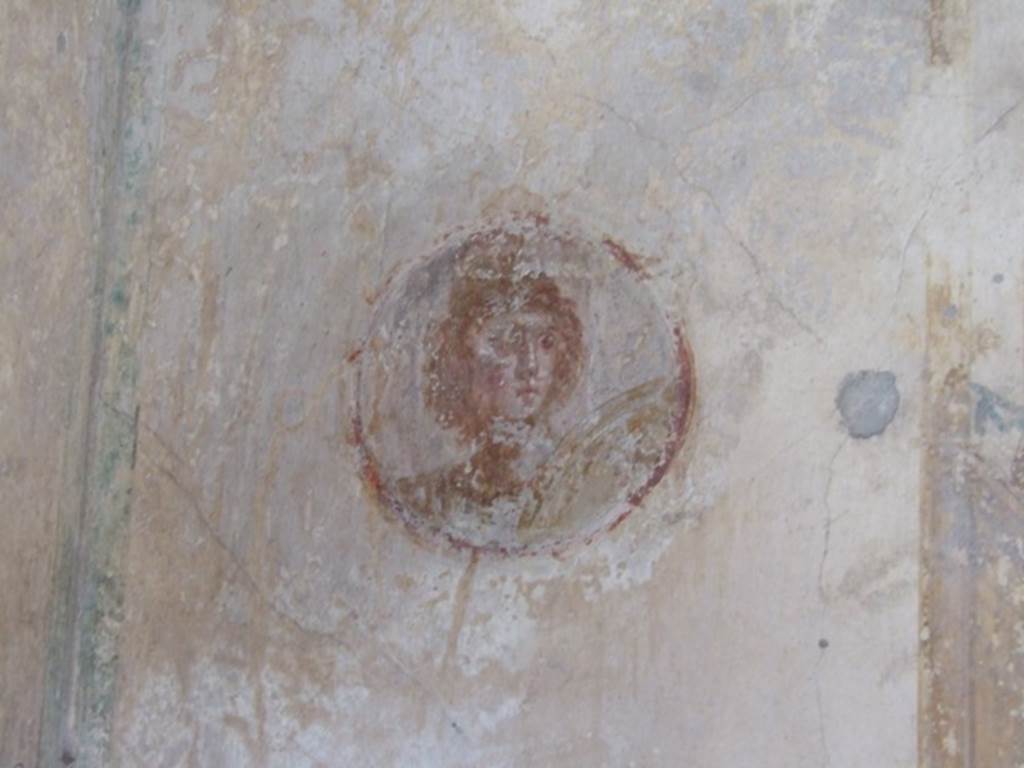 IX.3.5 Pompeii. March 2009. Room 5, west end of north wall. Bust of Mars or Ares with shield. See Helbig, W., 1868. Wandgemälde der vom Vesuv verschütteten Städte Campaniens. Leipzig: Breitkopf und Härtel. (269). See Bragantini, de Vos, Badoni, 1986. Pitture e Pavimenti di Pompei, Parte 3. Rome: ICCD. P. 435. See Schefold, K., 1957. Die Wände Pompejis. Berlin: De Gruyter. p. 247.
