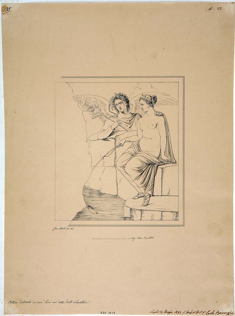 IX.3.5 Pompeii. Room 5. Drawing by Giuseppe Abbate, 1847, of painting of fishing Venus, from centre of north wall.
Now in Naples Archaeological Museum. Inventory number ADS 1019.
Photo © ICCD. http://www.catalogo.beniculturali.it
Utilizzabili alle condizioni della licenza Attribuzione - Non commerciale - Condividi allo stesso modo 2.5 Italia (CC BY-NC-SA 2.5 IT)