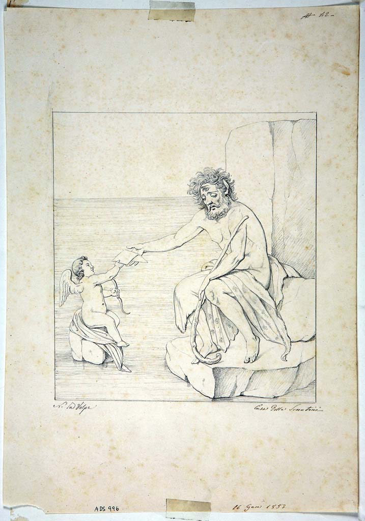 IX.3.5 Pompeii. Room 5, centre panel on east wall. Drawing by Nicola La Volpe, 16th January 1853, of the wall painting of Polyphemus receiving Galatea’s letter.
Now in Naples Archaeological Museum. Inventory number ADS 996.
Photo © ICCD. http://www.catalogo.beniculturali.it
Utilizzabili alle condizioni della licenza Attribuzione - Non commerciale - Condividi allo stesso modo 2.5 Italia (CC BY-NC-SA 2.5 IT)