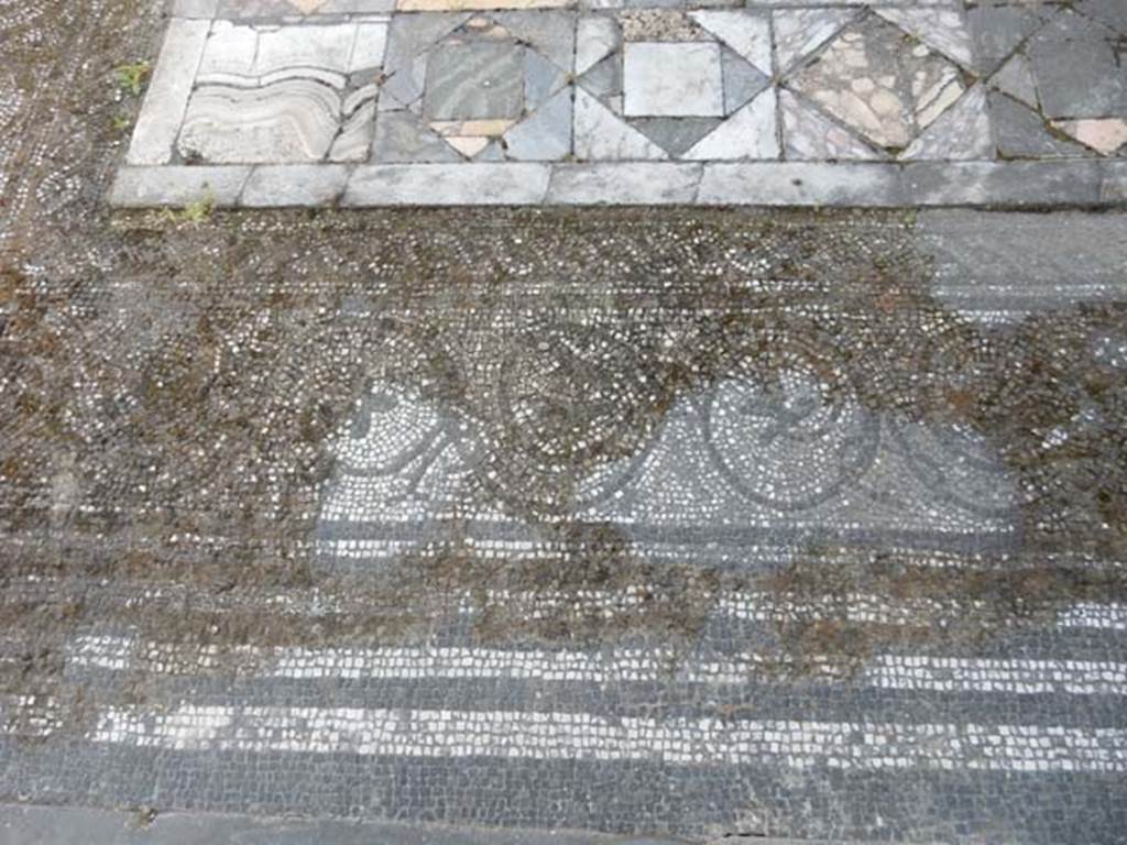 IX.3.5 Pompeii. May 2015. Room 12, detail of “carpet” mosaic border around the edge of the emblem in centre. Photo courtesy of Buzz Ferebee.