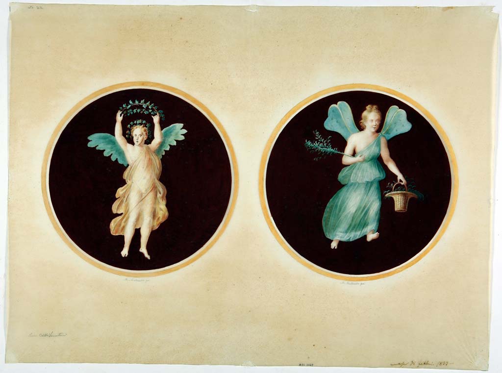 IX.3.5 Pompeii. Painting by Michele Mastracchio, of two painted medallions seen on the walls of room 13.
The one on the left, a Psyche or Cupid with a crown of ivy, was located at the north end of the west wall. (Helbig 835)
The one on the right, a Psyche with a basket of flowers, was located at the west end of the south wall. (Helbig 839)
Now in Naples Archaeological Museum. Inventory number ADS 1049.
Photo © ICCD. http://www.catalogo.beniculturali.it
Utilizzabili alle condizioni della licenza Attribuzione - Non commerciale - Condividi allo stesso modo 2.5 Italia (CC BY-NC-SA 2.5 IT)
Both of these original medallions were detached and taken to Naples Archaeological Museum, inventory numbers 9345 and 9346.
