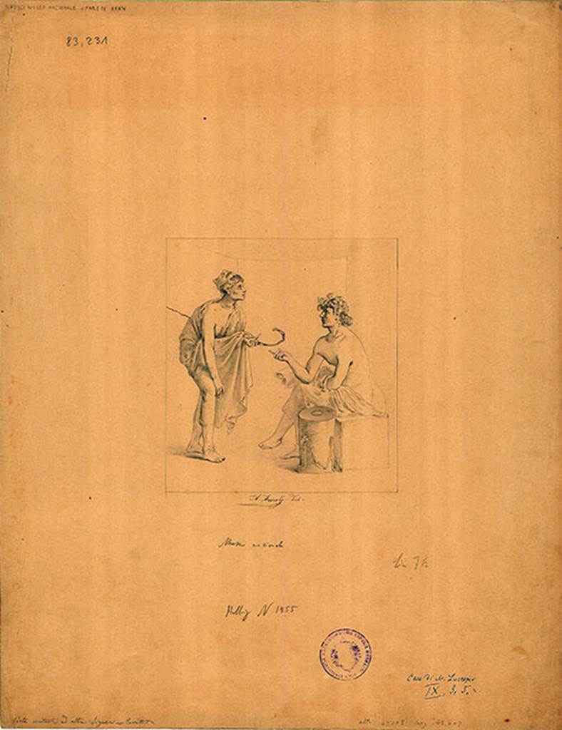 IX.3.5 Pompeii. Room 13. West wall, centre panel.
Old copy by A. Aureli of painting of seated poet with a comic actor.
See Helbig, W., 1868. Wandgemälde der vom Vesuv verschütteten Städte Campaniens. Leipzig: Breitkopf und Härtel, (1455).
A very similar drawing by Gregorio Mariani, 1871, can be seen in our VI.17.00 found under the Irace property of Insula Occidentalis.
See Helbig, W., 1868. Wandgemälde der vom Vesuv verschütteten Städte Campaniens. Leipzig: Breitkopf und Härtel, (1456).
DAIR 83.231. Photo © Deutsches Archäologisches Institut, Abteilung Rom, Arkiv.
