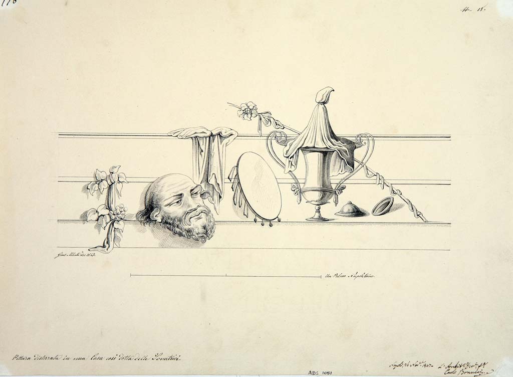 IX.3.5 Pompeii. Room 13, lower part of the centre of the west wall. Drawing by Giuseppe Abbate, 1847, of painting from the predella showing Bacchic symbols.
Now in Naples Archaeological Museum. Inventory number ADS 1051.
Photo © ICCD. http://www.catalogo.beniculturali.it
Utilizzabili alle condizioni della licenza Attribuzione - Non commerciale - Condividi allo stesso modo 2.5 Italia (CC BY-NC-SA 2.5 IT)