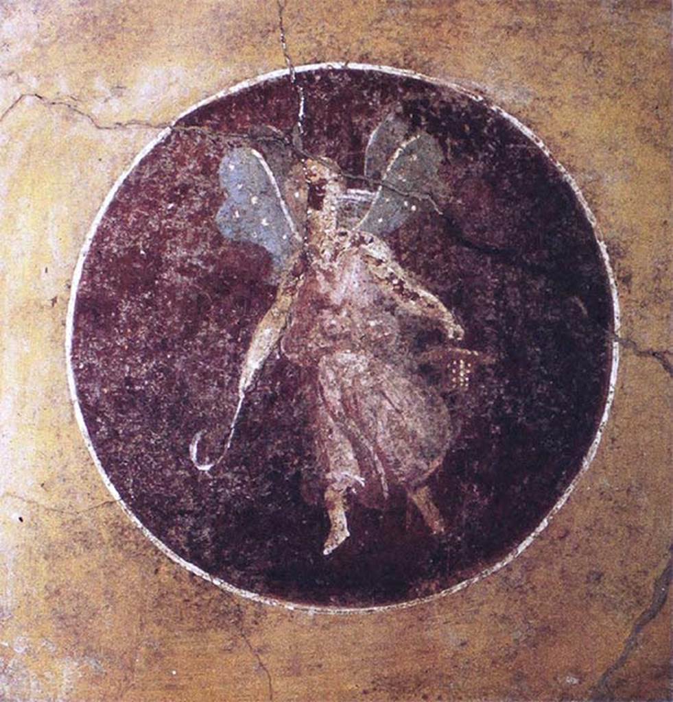 IX.3.5 Pompeii. East end of the south wall. Painting in a medallion of a flying Psyche with hook and basket.
Now in Naples Archaeological Museum. Inventory number 9344.
See Helbig, W., 1868. Wandgemälde der vom Vesuv verschütteten Städte Campaniens. Leipzig: Breitkopf und Härtel, (840).