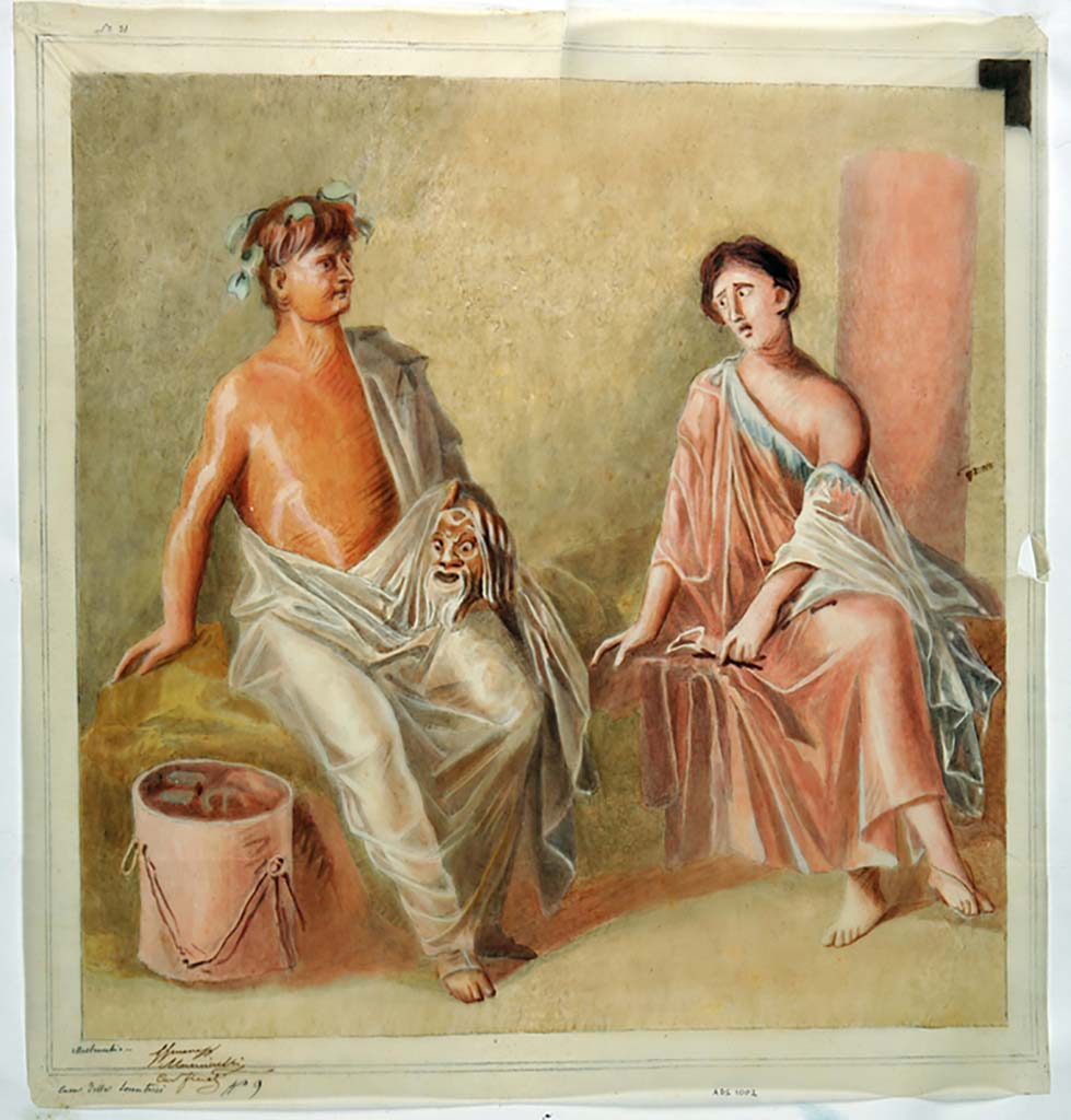 IX.3.5 Pompeii. Room 13, south wall. Copy by Michele Mastracchio of the painting of a comic poet and a female figure.
Now in Naples Archaeological Museum. Inventory number ADS 1002.
Photo © ICCD. http://www.catalogo.beniculturali.it
Utilizzabili alle condizioni della licenza Attribuzione - Non commerciale - Condividi allo stesso modo 2.5 Italia (CC BY-NC-SA 2.5 IT)