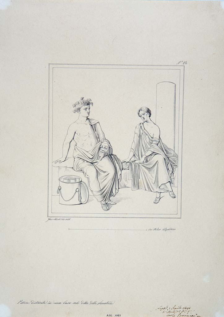 IX.3.5 Pompeii. Room 13, south wall. Drawing by Giuseppe Abbate, 1848, of painting of sitting Poet with comic mask, and Muse.
Now in Naples Archaeological Museum. Inventory number ADS 1083.
Photo © ICCD. http://www.catalogo.beniculturali.it
Utilizzabili alle condizioni della licenza Attribuzione - Non commerciale - Condividi allo stesso modo 2.5 Italia (CC BY-NC-SA 2.5 IT)
Original painting now in Naples Archaeological Museum, inventory number 9030.
See Helbig, W., 1868. Wandgemälde der vom Vesuv verschütteten Städte Campaniens. Leipzig: Breitkopf und Härtel, (1458).