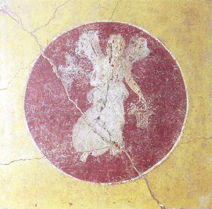IX.3.5 Pompeii. Painted medallion from room 13. Psyche with a basket of flowers, was located at the west end of the south wall.
Now in Naples Archaeological Museum. Inventory number 9345.
See Helbig, W., 1868. Wandgemälde der vom Vesuv verschütteten Städte Campaniens. Leipzig: Breitkopf und Härtel, 839.