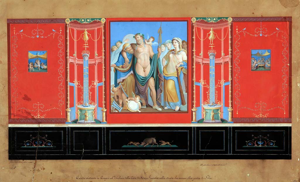 IX.3.5 Pompeii. Room 14. Painting by Giuseppe Abbate, 1860, of east wall of triclinium.
Now in Naples Archaeological Museum. Inventory number ADS 1052.
Photo © ICCD. http://www.catalogo.beniculturali.it
Utilizzabili alle condizioni della licenza Attribuzione - Non commerciale - Condividi allo stesso modo 2.5 Italia (CC BY-NC-SA 2.5 IT)