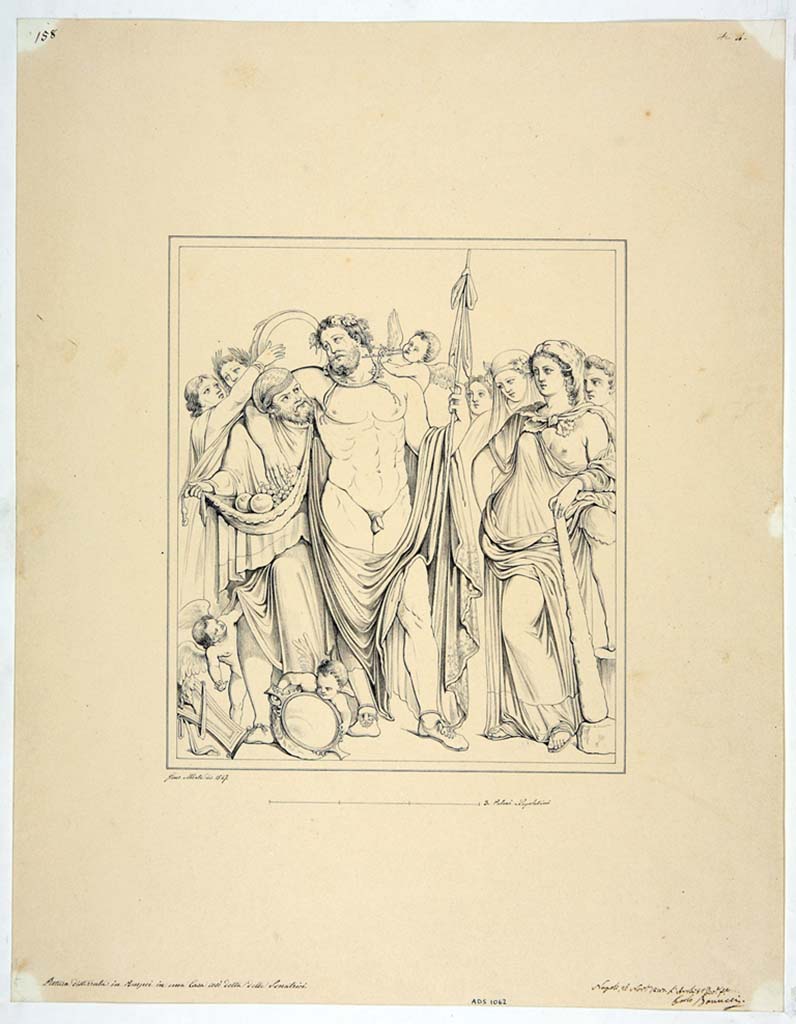 IX.3.5 Pompeii. Room 14. Drawing by Giuseppe Abbate, 1847, of painting of Hercules and Omphale, from east wall of triclinium.
Now in Naples Archaeological Museum. Inventory number ADS 1062.
Photo © ICCD. http://www.catalogo.beniculturali.it
Utilizzabili alle condizioni della licenza Attribuzione - Non commerciale - Condividi allo stesso modo 2.5 Italia (CC BY-NC-SA 2.5 IT)