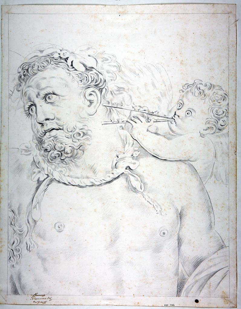 IX.3.5 Pompeii. Drawing by Michele Mastracchio, of detail of Hercules and cupid from original painting on east wall of triclinium.
Now in Naples Archaeological Museum. Inventory number ADS 1064.
Photo © ICCD. http://www.catalogo.beniculturali.it
Utilizzabili alle condizioni della licenza Attribuzione - Non commerciale - Condividi allo stesso modo 2.5 Italia (CC BY-NC-SA 2.5 IT)