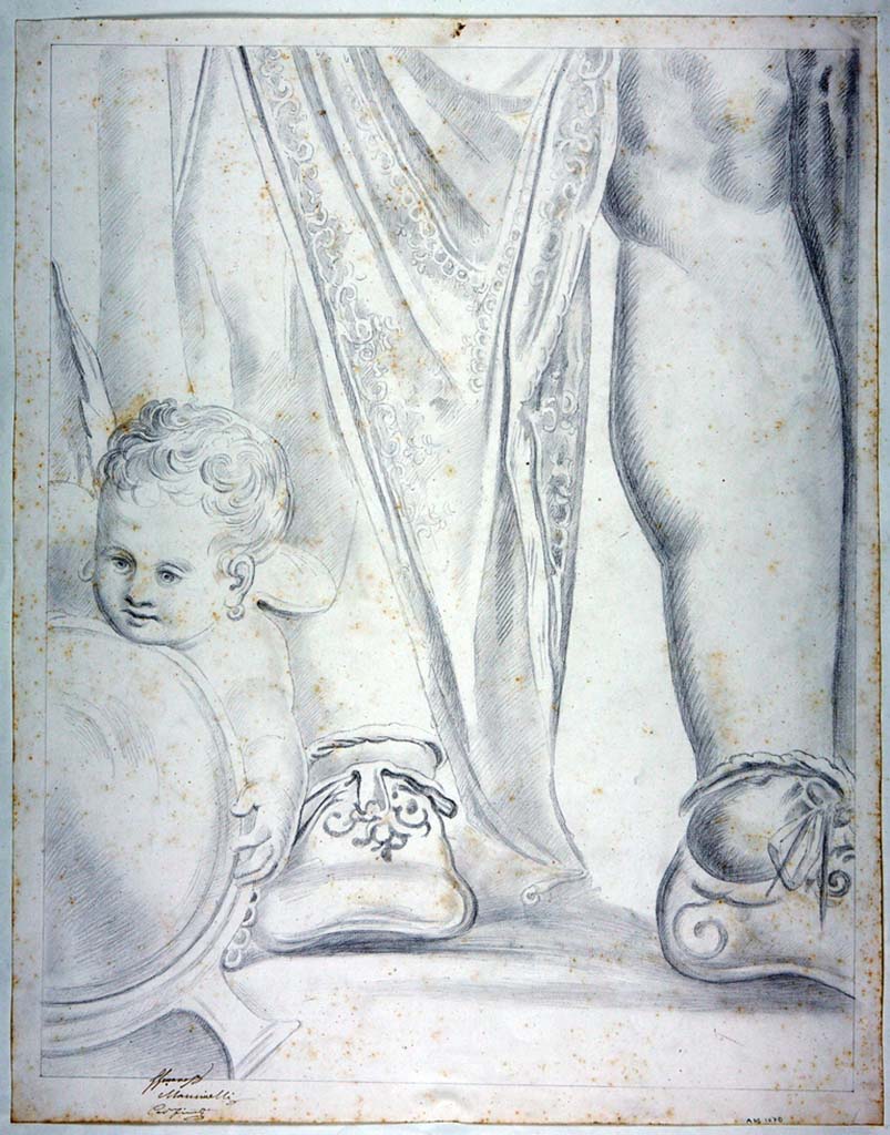 IX.3.5 Pompeii. Drawing by Michele Mastracchio, of detail of the shoes of Hercules, from original painting on east wall of triclinium.
Now in Naples Archaeological Museum. Inventory number ADS 1070.
Photo © ICCD. http://www.catalogo.beniculturali.it
Utilizzabili alle condizioni della licenza Attribuzione - Non commerciale - Condividi allo stesso modo 2.5 Italia (CC BY-NC-SA 2.5 IT)