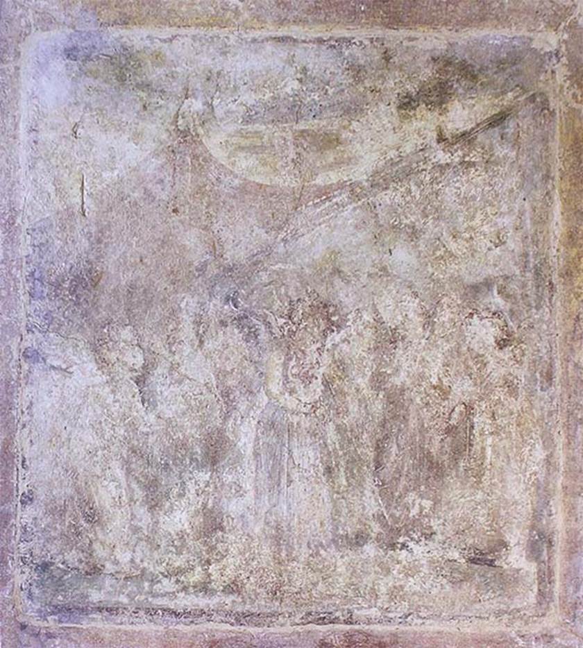 IX.3.5 Pompeii. Triclinium 14, north wall, side panel. Tragic Cupids.
According to PPM, this is cupids preparing for a tragic scene.
Now in Naples Archaeological Museum. Inventory number 9191.
See Carratelli, G. P., 1990-2003. Pompei: Pitture e Mosaici. Roma: Istituto della enciclopedia italiana, Vol. IX, fig. 174, p. 259.
See Helbig, W., 1868. Wandgemälde der vom Vesuv verschütteten Städte Campaniens. Leipzig: Breitkopf und Härtel, 768.
According to Schefold, this is Dramatic Cupids, inventory number 9193, Helbig 767.
See Schefold, K., 1957. Die Wände Pompejis. Berlin: De Gruyter, p. 249. Helbig describes in the centre an Eros in long blue chiton with long sleeved yellow undergarment, playing two long pipes.
Next to him a psyche with four butterfly wings, long chiton with flute in left and the right uplifted, carefully listening to her playing.
See Helbig, W., 1868. Wandgemälde der vom Vesuv verschütteten Städte Campaniens. Leipzig: Breitkopf und Härtel, 767.