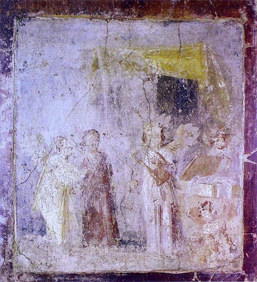 IX.3.5 Pompeii. Triclinium 14. Cupids forming a lyrical choir.
Now in Naples Archaeological Museum. Inventory number 9206.
See Carratelli, G. P., 1990-2003. Pompei: Pitture e Mosaici. Roma: Istituto della enciclopedia italiana, Vol. IX, fig. 202, p. 279.
Helbig describes a Psyche standing with a cithar and an Eros in long yellow robe in conversation next to another psyche in long violet robe.
See Helbig, W., 1868. Wandgemälde der vom Vesuv verschütteten Städte Campaniens. Leipzig: Breitkopf und Härtel, 766.
See Schefold, K., 1957. Die Wände Pompejis. Berlin: De Gruyter, p. 249.