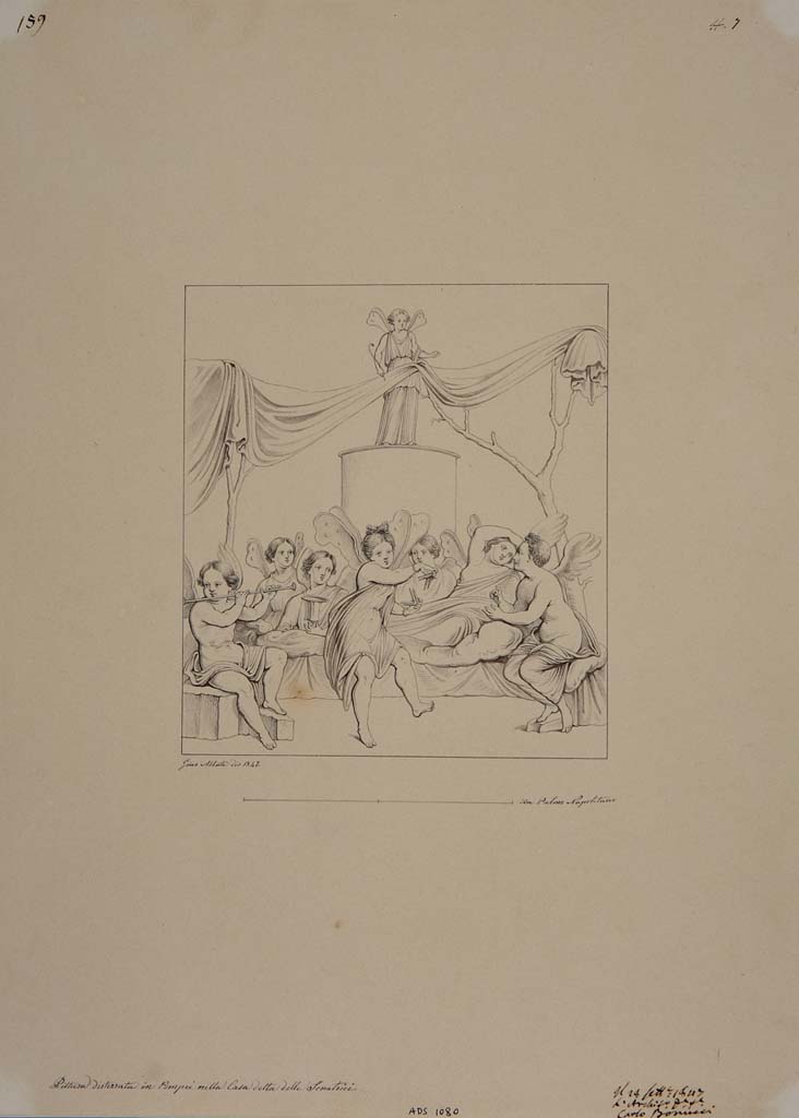 IX.3.5 Pompeii. Triclinium 14, drawing by Giuseppe Abbate, 1847, of painting showing Cupids banqueting.
Now in Naples Archaeological Museum. Inventory number ADS 1080.
Photo © ICCD. https://www.catalogo.beniculturali.it
Utilizzabili alle condizioni della licenza Attribuzione - Non commerciale - Condividi allo stesso modo 2.5 Italia (CC BY-NC-SA 2.5 IT)
See also
Real Museo Borbonico, vol. 15, 1856, tav. XVIII.