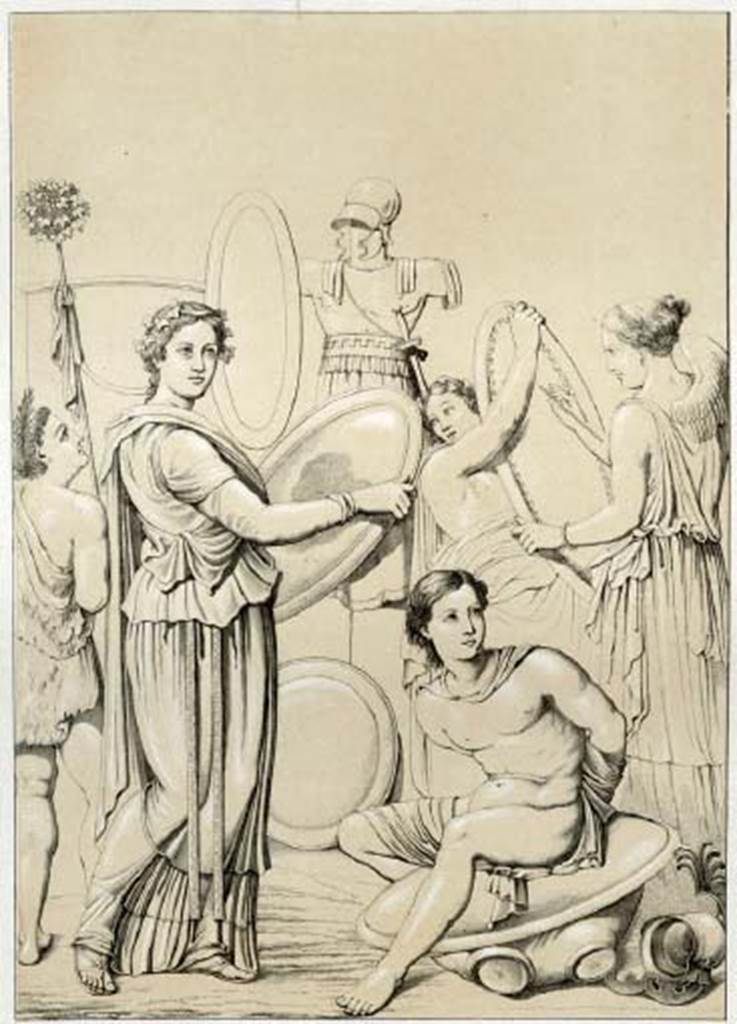 IX.3.5 Pompeii. Room 14, centre panel of north wall.
1854 drawing of the triumph of Bacchus in India – erecting the trophaeon.
See Niccolini F, 1854. Le case ed i monumenti di Pompei: Volume Primo. Napoli. 2, Tav 5.
See also
Real Museo Borbonico, vol 15, 1856, tav.XXXII.
Kuivalainen comments –
“A somewhat effeminate fully robed young Bacchus is depicted with one of his companions, a captive, and Victory with a female assistant.
The scene is perhaps to be linked to the Indian triumph, to a moment of calmness when the accomplishments of the divinity are being inscribed and he is examining the spoils.”
See Kuivalainen, I., 2021. The Portrayal of Pompeian Bacchus. Commentationes Humanarum Litterarum 140. Helsinki: Finnish Society of Sciences and Letters, (F31, p.184).
centre panel of north wall.
1854 drawing of the triumph of Bacchus in India – erecting the trophaeon.
See Niccolini F, 1854. Le case ed i monumenti di Pompei: Volume Primo. Napoli. 2, Tav 5.
Kuivalainen comments –
“A somewhat effeminate fully robed young Bacchus is depicted with one of his companions, a captive, and Victory with a female assistant.
The scene is perhaps to be linked to the Indian triumph, to a moment of calmness when the accomplishments of the divinity are being inscribed and he is examining the spoils.”
See Kuivalainen, I., 2021. The Portrayal of Pompeian Bacchus. Commentationes Humanarum Litterarum 140. Helsinki: Finnish Society of Sciences and Letters, (F31, p.184).