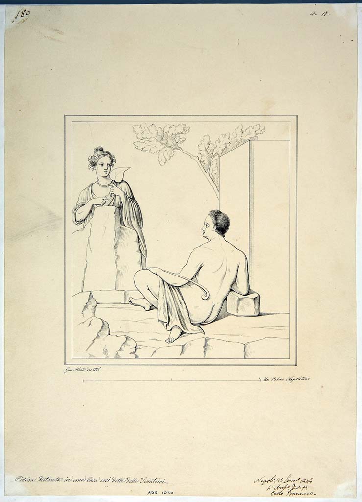 IX.3.5 Pompeii. Room 15, centre of east wall. Drawing by Giuseppe Abbate, 1848, of painting of Polyphemus and Galatea.
Now in Naples Archaeological Museum. Inventory number ADS 1030.
Photo © ICCD. http://www.catalogo.beniculturali.it
Utilizzabili alle condizioni della licenza Attribuzione - Non commerciale - Condividi allo stesso modo 2.5 Italia (CC BY-NC-SA 2.5 IT)