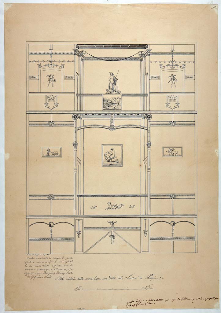 IX.3.5 Pompeii. Drawing by Antonio Ala, 9th March 1852, of west wall of cubiculum.
Underneath the drawing is written –
Antonio Ala disegno sopra luogo 1852.
Avendo esaminato il disegno di questa parete e messo a confronto dell’originale la ho riconosciuta copiata con la massima esattezza e diligenza, e perizia di arte.
(trans: Having examined the design of this wall and made a comparison of the original, I have recognized it copied with the utmost exactitude and diligence, and art expertise.)
This drawing, judging by the central painting of a nereid riding a seahorse, would appear to be of the west wall of the cubiculum.
The two “vignettes” in the side panels, however, appear to belong to the east wall.
Now in Naples Archaeological Museum. Inventory number ADS 1021.
Photo © ICCD. http://www.catalogo.beniculturali.it
Utilizzabili alle condizioni della licenza Attribuzione - Non commerciale - Condividi allo stesso modo 2.5 Italia (CC BY-NC-SA 2.5 IT)