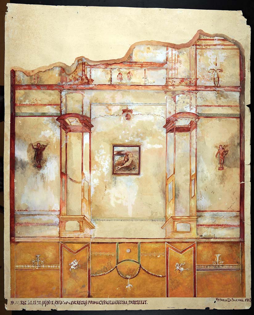 IX.3.5 Pompeii. Room 16, east wall. Painting by Vittorio Discanno, 1909, showing the wall decoration on the east wall of cubiculum.
Now in Naples Archaeological Museum. Inventory number ADS 1005.
Photo © ICCD. http://www.catalogo.beniculturali.it
Utilizzabili alle condizioni della licenza Attribuzione - Non commerciale - Condividi allo stesso modo 2.5 Italia (CC BY-NC-SA 2.5 IT)