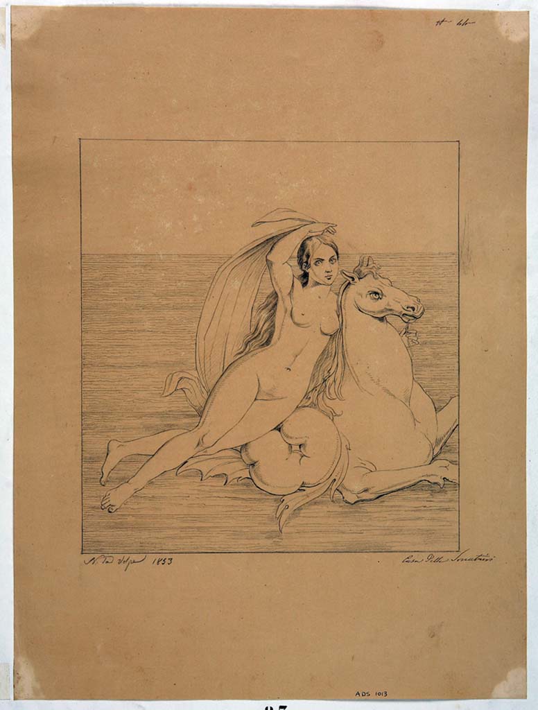 IX.3.5 Pompeii. Room 16, east wall. Drawing by Nicola La Volpe, 1853, of painting of a Nereid on a seahorse from centre of east wall.
Now in Naples Archaeological Museum. Inventory number ADS 1013.
Photo © ICCD. http://www.catalogo.beniculturali.it
Utilizzabili alle condizioni della licenza Attribuzione - Non commerciale - Condividi allo stesso modo 2.5 Italia (CC BY-NC-SA 2.5 IT)