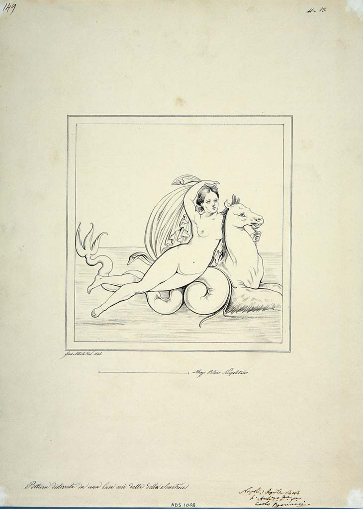 IX.3.5 Pompeii. Drawing by Giuseppe Abbate, 1848, of painting of Nereid from east wall of cubiculum, room 16.
See Helbig, W., 1868. Wandgemälde der vom Vesuv verschütteten Städte Campaniens. Leipzig: Breitkopf und Härtel, (1029).
Now in Naples Archaeological Museum. Inventory number ADS 1008.
Photo © ICCD. http://www.catalogo.beniculturali.it
Utilizzabili alle condizioni della licenza Attribuzione - Non commerciale - Condividi allo stesso modo 2.5 Italia (CC BY-NC-SA 2.5 IT)