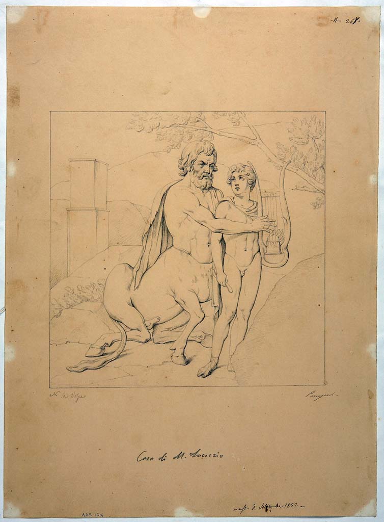 IX.3.5 Pompeii. Room 16. Drawing by Nicola La Volpe, September 1852, of the wall painting of Chiron and Achilles, from south wall.
Now in Naples Archaeological Museum. Inventory number ADS 1014.
Photo © ICCD. http://www.catalogo.beniculturali.it
Utilizzabili alle condizioni della licenza Attribuzione - Non commerciale - Condividi allo stesso modo 2.5 Italia (CC BY-NC-SA 2.5 IT)