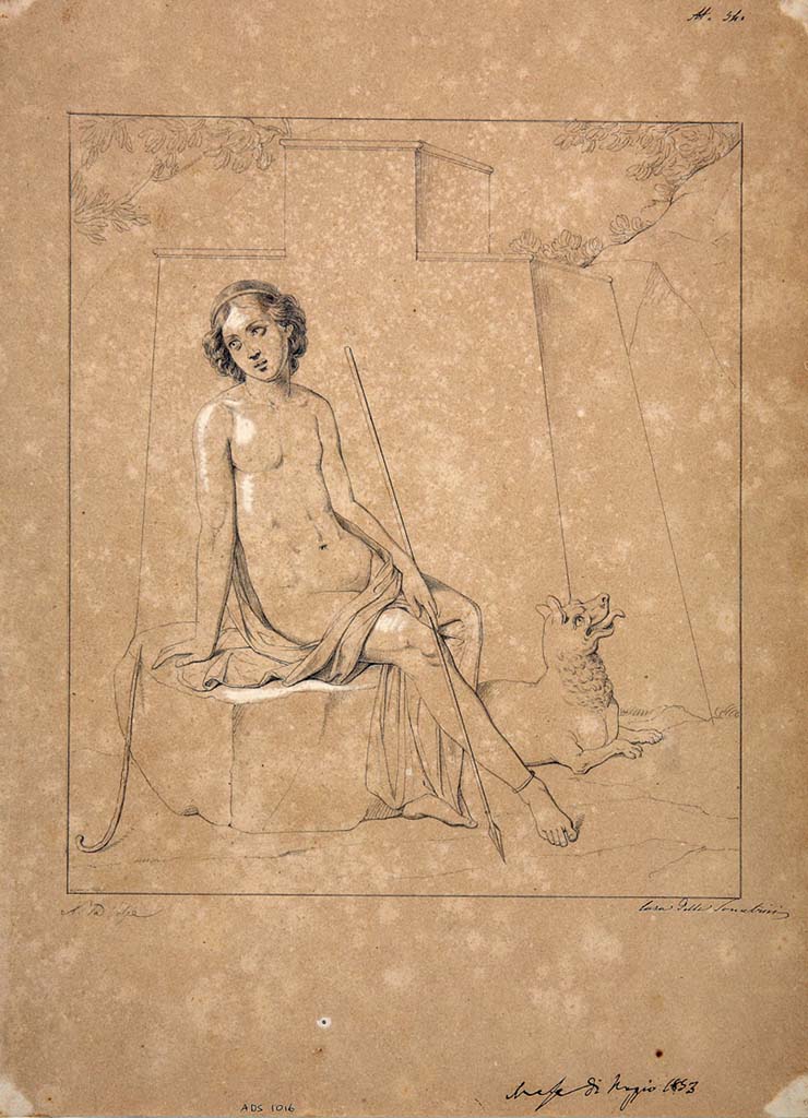 IX.3.5 Pompeii. Room 16. Drawing by Nicola La Volpe, May 1853, of painting of Endymion, from centre of west wall.
Now in Naples Archaeological Museum. Inventory number ADS 1016.
Photo © ICCD. http://www.catalogo.beniculturali.it
Utilizzabili alle condizioni della licenza Attribuzione - Non commerciale - Condividi allo stesso modo 2.5 Italia (CC BY-NC-SA 2.5 IT)
