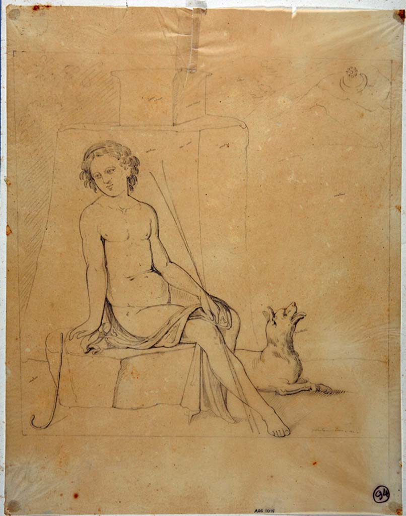 IX.3.5 Pompeii. Room 16. Drawing by Giuseppe Abbate, of painting of Endymion from west wall.
Now in Naples Archaeological Museum. Inventory number ADS 1015.
Photo © ICCD. http://www.catalogo.beniculturali.it
Utilizzabili alle condizioni della licenza Attribuzione - Non commerciale - Condividi allo stesso modo 2.5 Italia (CC BY-NC-SA 2.5 IT)