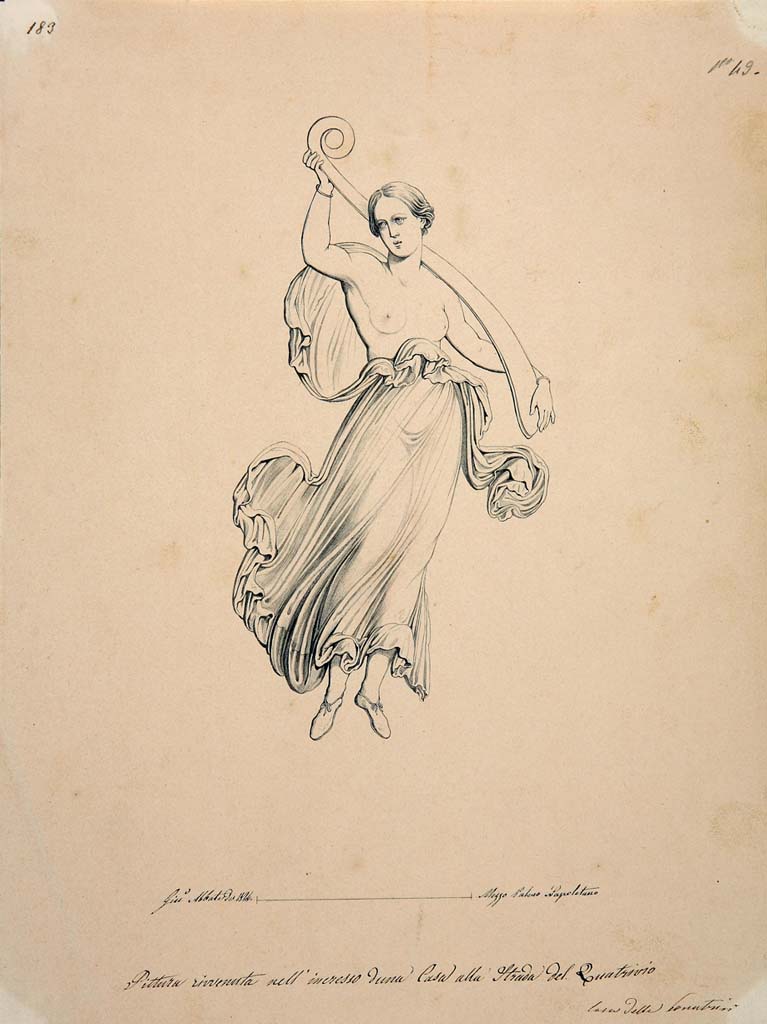 IX.3.5 Pompeii. Room 1, east end of south wall of entrance corridor.
Drawing by Giuseppe Abbate, 1846, of painting of a flying Nike with prow on the shoulder.
Now in Naples Archaeological Museum. Inventory number ADS 1018.
Photo © ICCD. http://www.catalogo.beniculturali.it
Utilizzabili alle condizioni della licenza Attribuzione - Non commerciale - Condividi allo stesso modo 2.5 Italia (CC BY-NC-SA 2.5 IT)
See Helbig, W., 1868. Wandgemälde der vom Vesuv verschütteten Städte Campaniens. Leipzig: Breitkopf und Härtel, (1945).