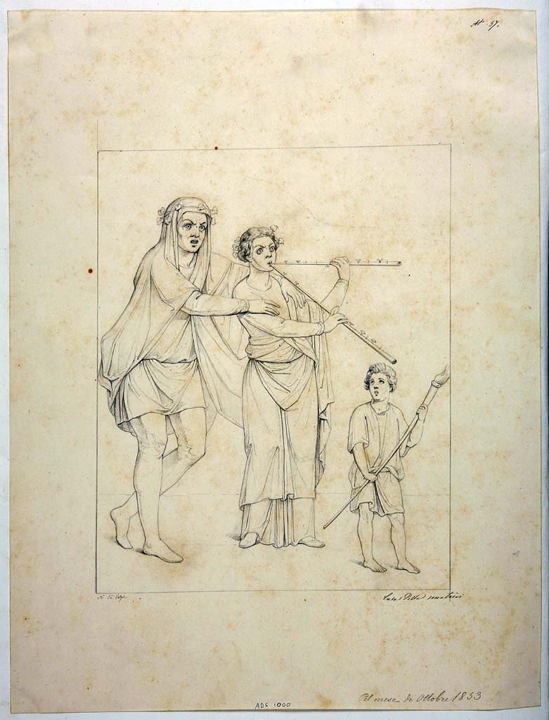 IX.3.5 Pompeii. Drawing by Nicola La Volpe, October 1853, of the wall painting of the musicians, from south wall of entrance corridor.
Now in Naples Archaeological Museum. Inventory number ADS 1000.
Photo © ICCD. http://www.catalogo.beniculturali.it
Utilizzabili alle condizioni della licenza Attribuzione - Non commerciale - Condividi allo stesso modo 2.5 Italia (CC BY-NC-SA 2.5 IT)