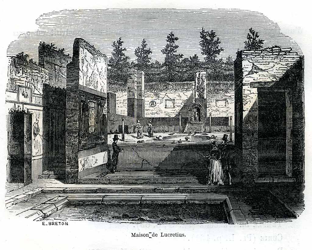IX.3.5 Pompeii. 1855 engraving by E. Breton. Looking east across atrium, through tablinum to garden area.
Photo courtesy of Ilkka Kuivalainen.
See Breton E., 1855. Pompeia decrite et dessine. Paris: Baudry, p. 199.