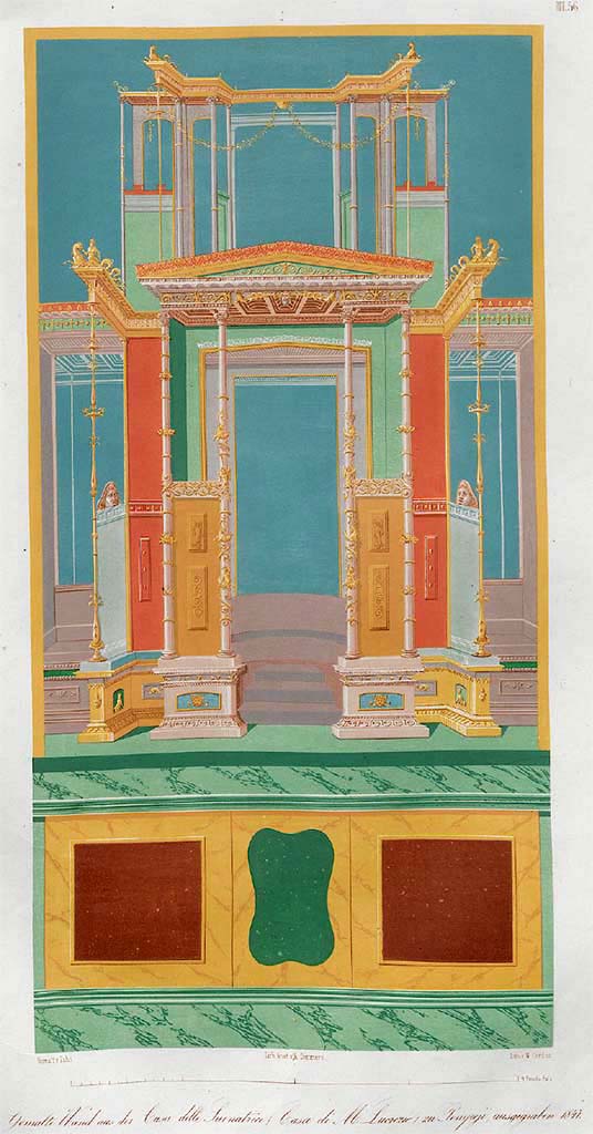 IX.3.5 Pompeii. Pre-June 1854.
Painting of atrium wall in the colours of the original by W. Zahn.
See Zahn, W., 1852. Die schönsten Ornamente und merkwürdigsten Gemälde aus Pompeji, Herkulanum und Stabiae: III. Berlin: Reimer, Taf. 56.