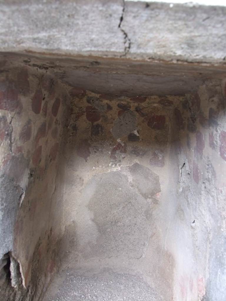 IX.3.15 Pompeii. March 2009. Room 12. Inside of Niche of Lararium painted with red dots, presumably flowers.? East rear wall.