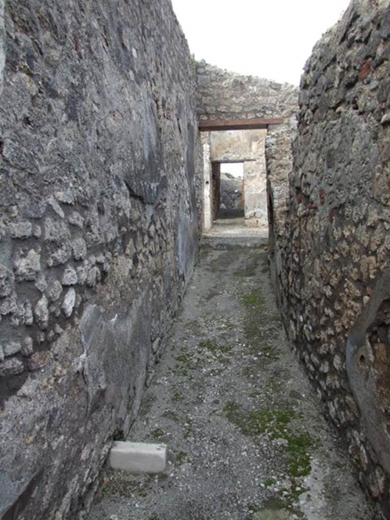 IX.3.15 Pompeii. March 2009. Room 1, entrance corridor, looking north. According to Fiorelli, “This house was preceded by a long open corridor, at the end of which was the latrine sheltered by a roof. The entrance door to the atrium was here, it had an impluvium and puteal, on the west side of which was a cubiculum and a room, used perhaps as a tablinum.
Nearby was the corridor, having to the left another spacious cubiculum, from where, mounting two steps, one went into an oecus. Both the oecus and the corridor exited onto the portico, which surrounded the garden area. This portico supported by ten columns, with a masonry pluteus joining them, was later closed on the north side, to give place to a windowed triclinium, preceded by a storeroom, and by the hearth which was against the latrine. On the south side there were an exedra, a cubiculum, and a spacious room, these resulted from the breaking down of walls that existed here before.”
See Fiorelli, G., (1875). Descrizione di Pompei, (p.396).
See Pappalardo, U., 2001. La Descrizione di Pompei per Giuseppe Fiorelli (1875). Napoli: Massa Editore. (p.146)
.