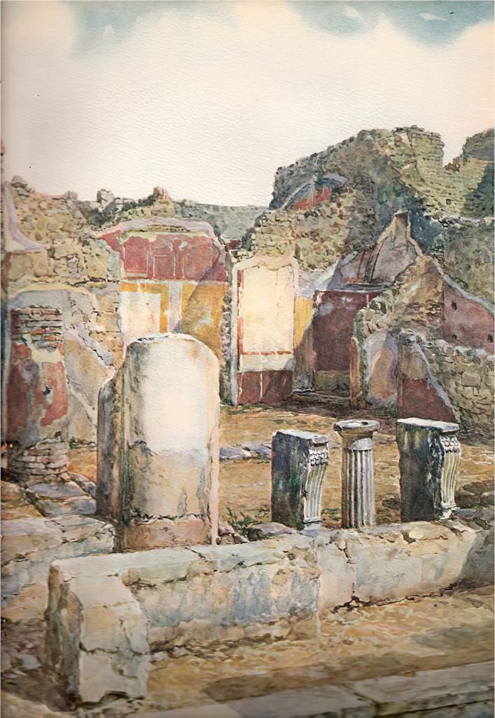 IX.5.18 Pompeii. Undated watercolour painting by Luigi Bazzani, looking north-east across atrium “b”.