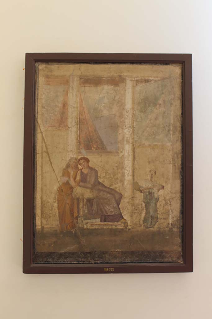 IX.5.18 Pompeii. July 2017.
Room “e”, south wall of cubiculum, second room in south-west corner.
Wall painting of Phaedra handing the nurse the letter that will lead to the death of her stepson Hippolytus.
Now in Naples Archaeological Museum. Inventory number 114322.
Foto Annette Haug, ERC Grant 681269 DÉCOR.