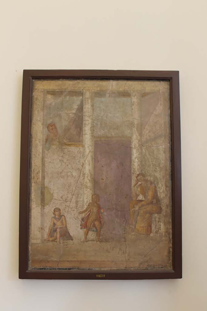 IX.5.18 Pompeii. July 2017.
Room “e”, west wall of cubiculum, second room in south-west corner.
Wall painting of Medea sitting contemplating killing her children who play nearby.
Now in Naples Archaeological Museum. Inventory number 114321.
Foto Annette Haug, ERC Grant 681269 DÉCOR.