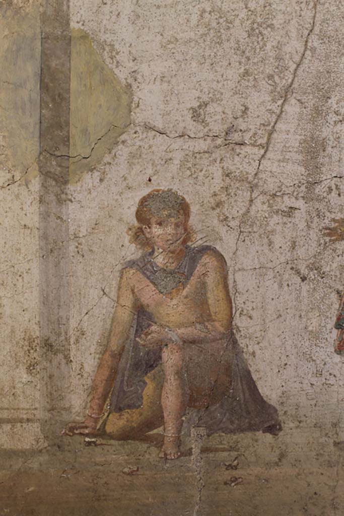 IX.5.18 Pompeii. July 2017.
Room “e”, detail from painting on west wall of cubiculum, second room in south-west corner.
Now in Naples Archaeological Museum. Inventory number 114321.
Foto Annette Haug, ERC Grant 681269 DÉCOR.