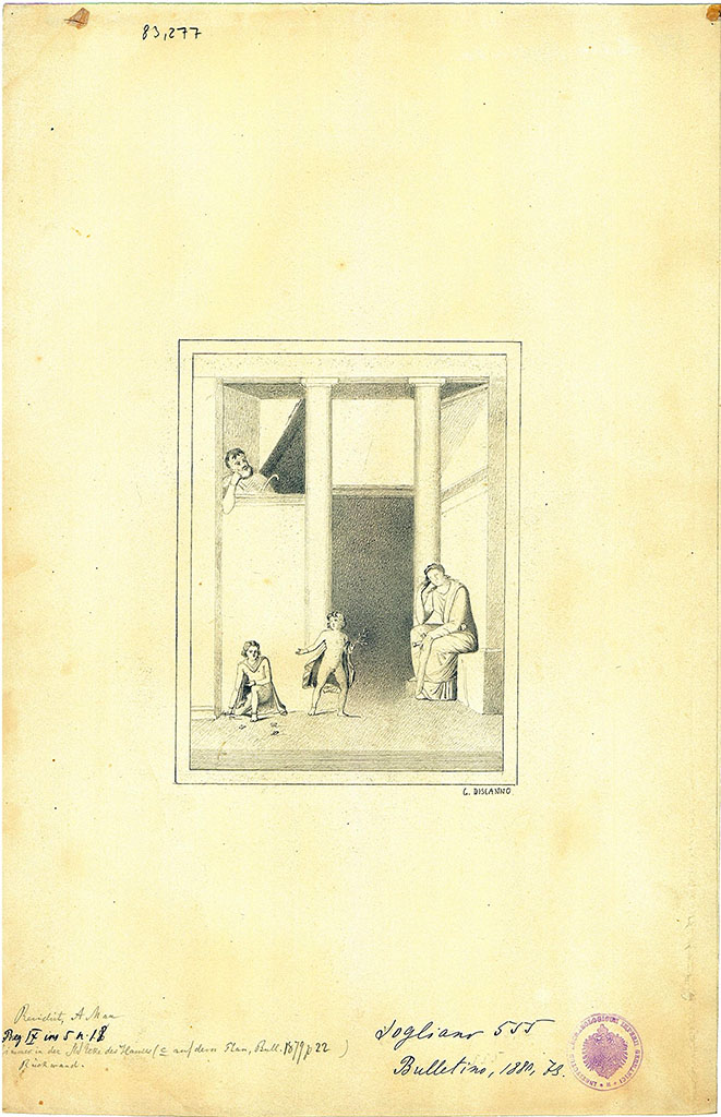 IX.5.18 Pompeii. Room “e”, west wall of cubiculum, second room in south-west corner.
Drawing by G. Discanno of wall painting of Medea sitting contemplating killing her children who play nearby.
DAIR 83.277. Photo © Deutsches Archäologisches Institut, Abteilung Rom, Arkiv.